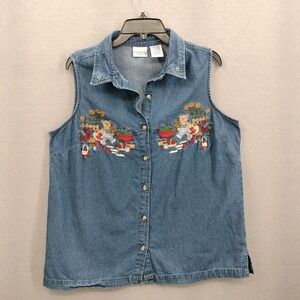 Bobbie Brooks Woman Denim Sleeveless Shirt Embroidered Teddy Bears Size 14 16 XL